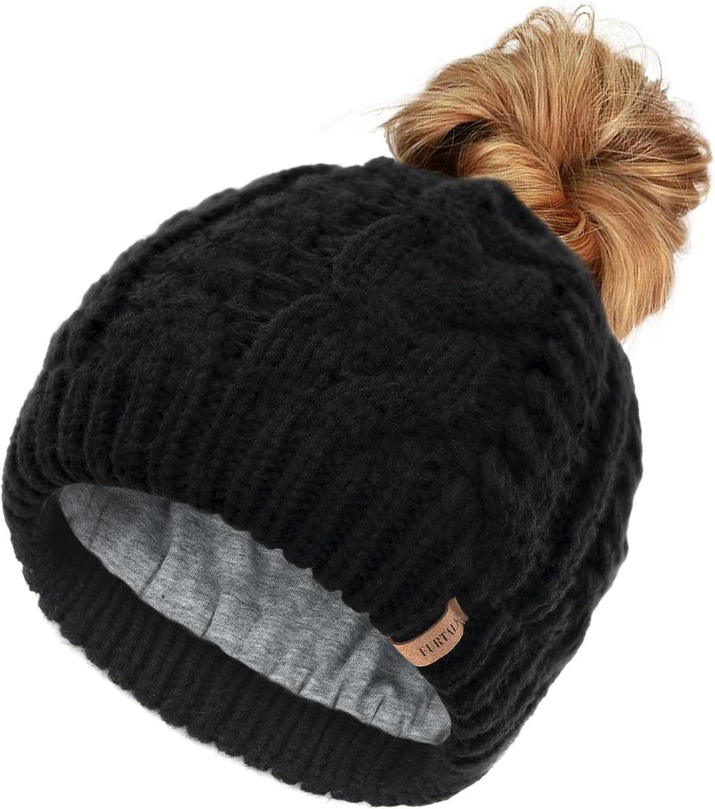 Ponytail Beanies for Women Messy Bun Winter Hat with Tail Hole Warm Lined Knit Skull Beanie Outdoor Runner Cap